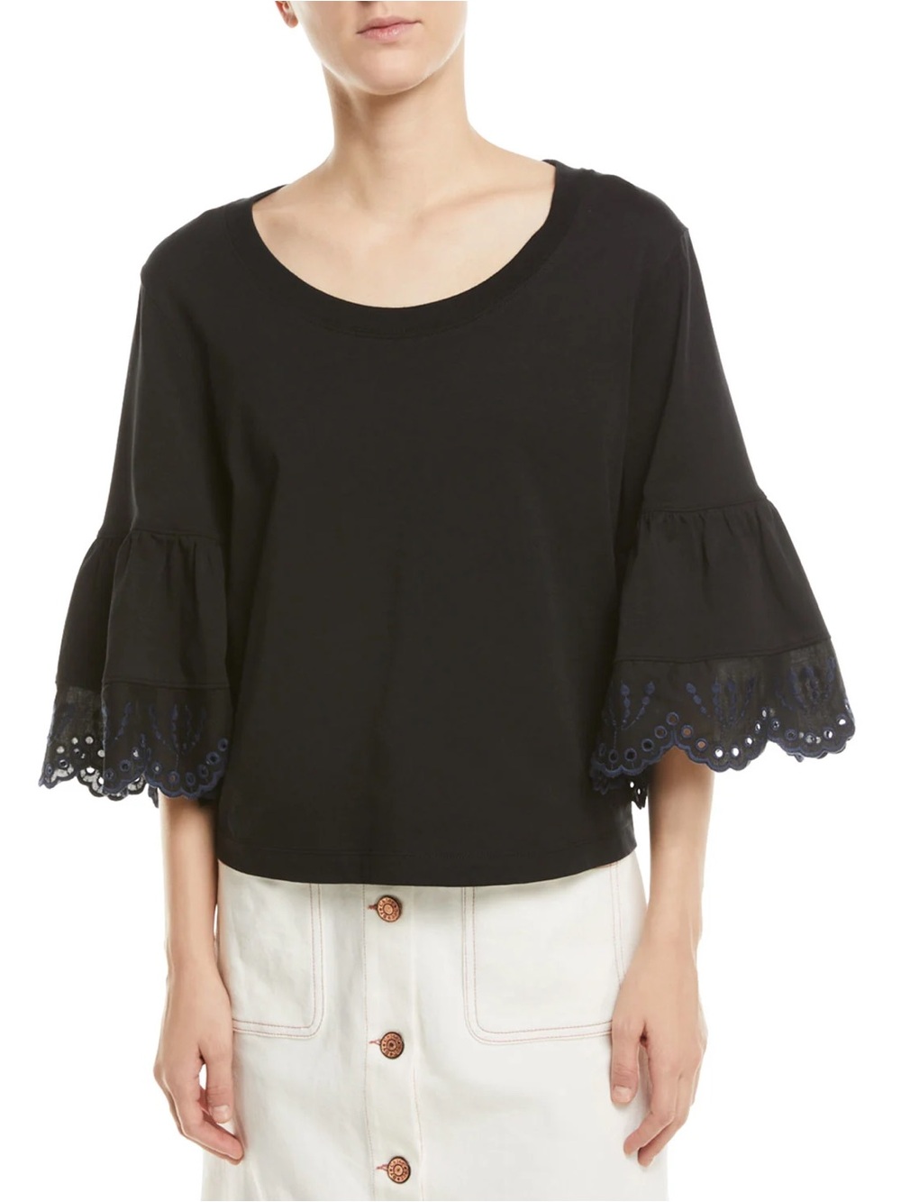 SEE by CHLOE size M Lace Cuff Cotton Top Black